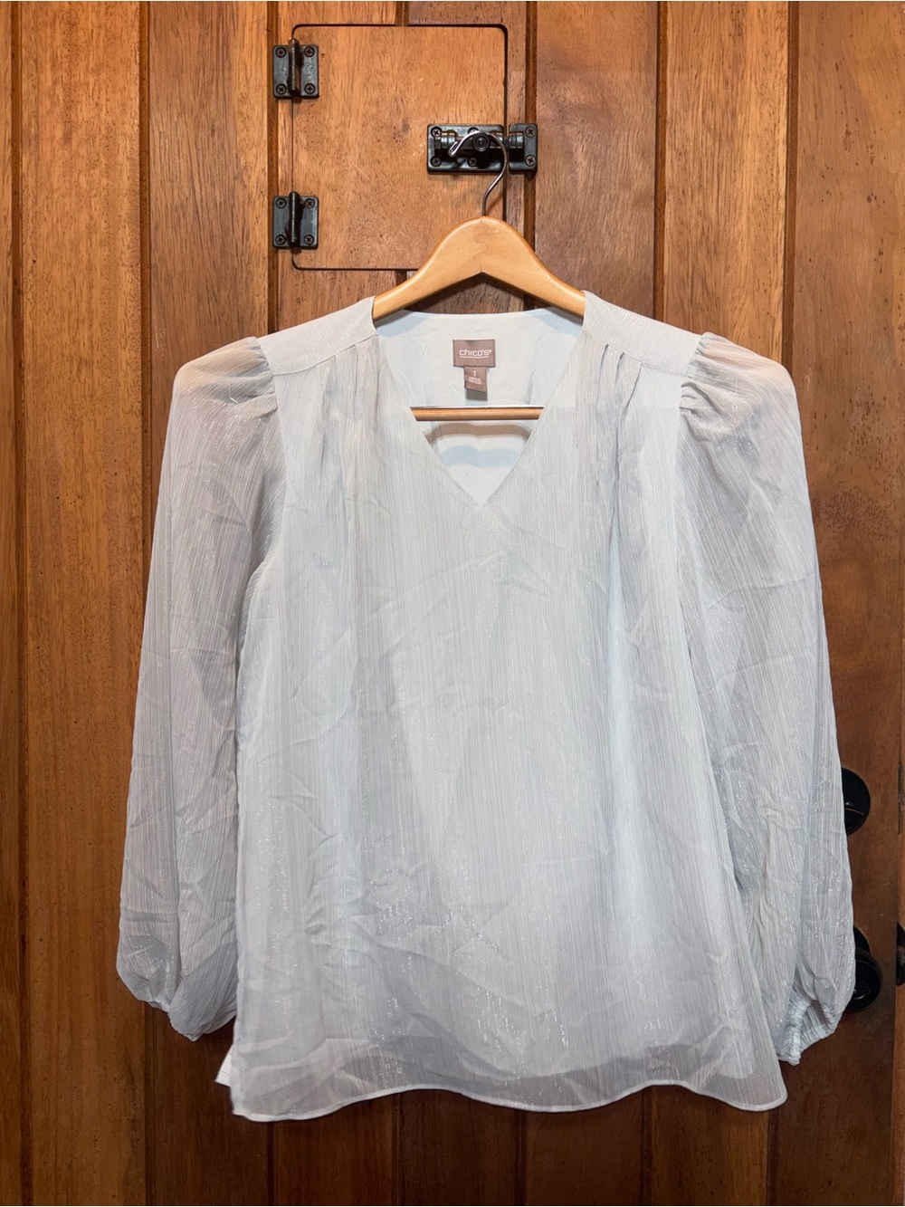 Chico’s Silver Sheer V-Neck Puff Sleeve Blouse